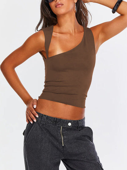 Tops- Women Sculpt Solid Stretchy One-Shoulder Fitted Top- - IndioGear Fashion and Gear