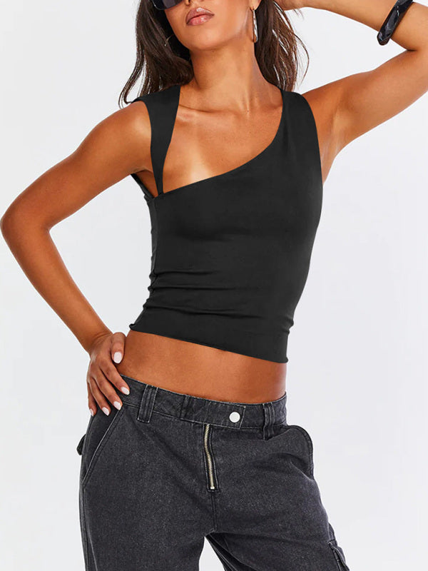 Tops- Women Sculpt Solid Stretchy One-Shoulder Fitted Top- - IndioGear Fashion and Gear