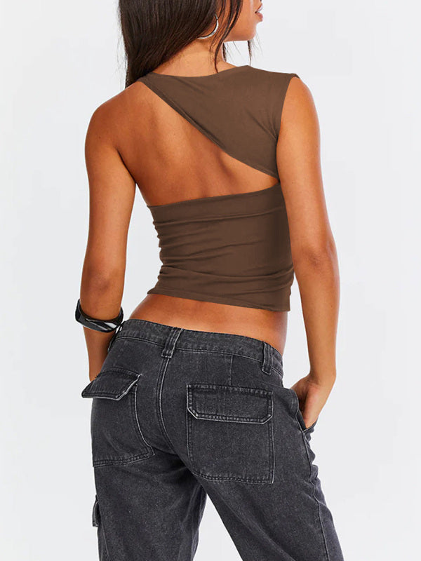 Tops- Women Sculpt Solid Stretchy One-Shoulder Fitted Top- - IndioGear Fashion and Gear