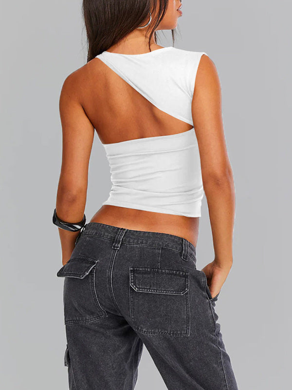 Tops- Women Sculpt Solid Stretchy One-Shoulder Fitted Top- - IndioGear Fashion and Gear