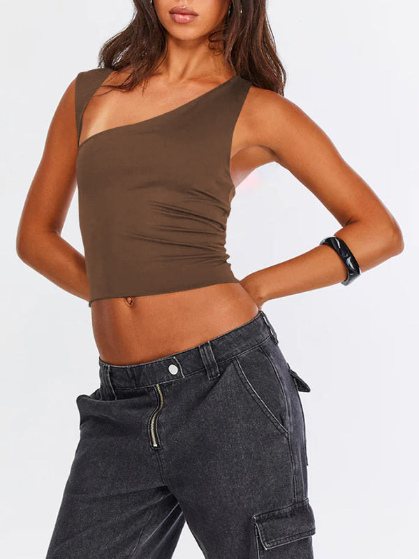 Tops- Women Sculpt Solid Stretchy One-Shoulder Fitted Top- Coffee- IndioGear Fashion and Gear