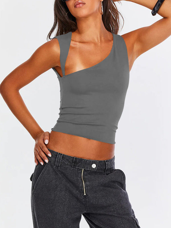 Tops- Women Sculpt Solid Stretchy One-Shoulder Fitted Top- Charcoal grey- IndioGear Fashion and Gear