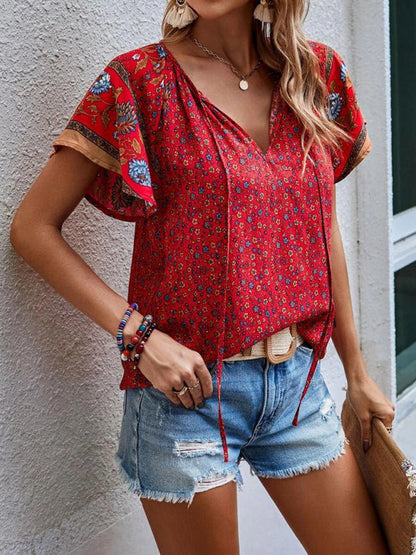 Tops- Women's Bohemian V-Neck Floral Loose Blouse with Flared Sleeves- - IndioGear Fashion and Gear