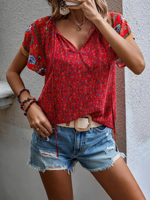 Tops- Women's Bohemian V-Neck Floral Loose Blouse with Flared Sleeves- - IndioGear Fashion and Gear