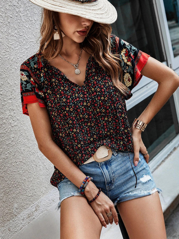 Tops- Women's Bohemian V-Neck Floral Loose Blouse with Flared Sleeves- - IndioGear Fashion and Gear