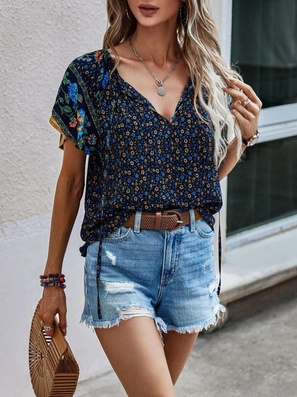 Tops- Women's Bohemian V-Neck Floral Loose Blouse with Flared Sleeves- - IndioGear Fashion and Gear