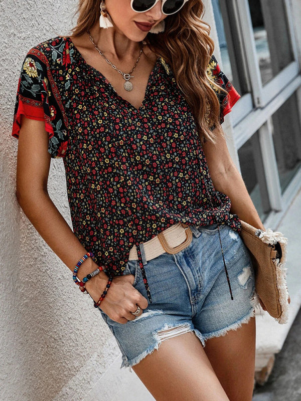 Tops- Women's Bohemian V-Neck Floral Loose Blouse with Flared Sleeves- - IndioGear Fashion and Gear