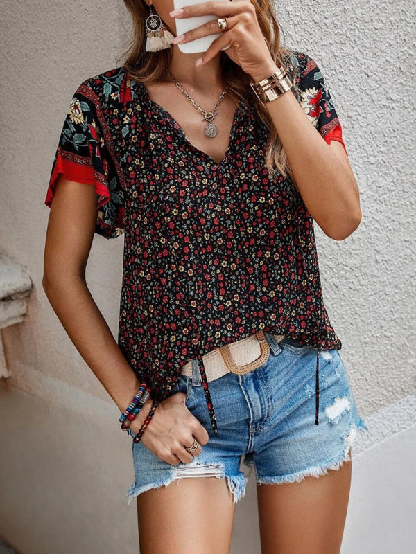 Tops- Women's Bohemian V-Neck Floral Loose Blouse with Flared Sleeves- - IndioGear Fashion and Gear