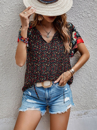 Tops- Women's Bohemian V-Neck Floral Loose Blouse with Flared Sleeves- Coffee- IndioGear Fashion and Gear