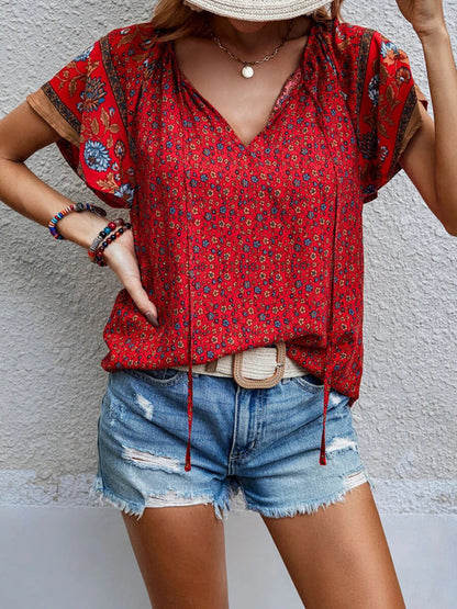 Tops- Women's Bohemian V-Neck Floral Loose Blouse with Flared Sleeves- Red- IndioGear Fashion and Gear