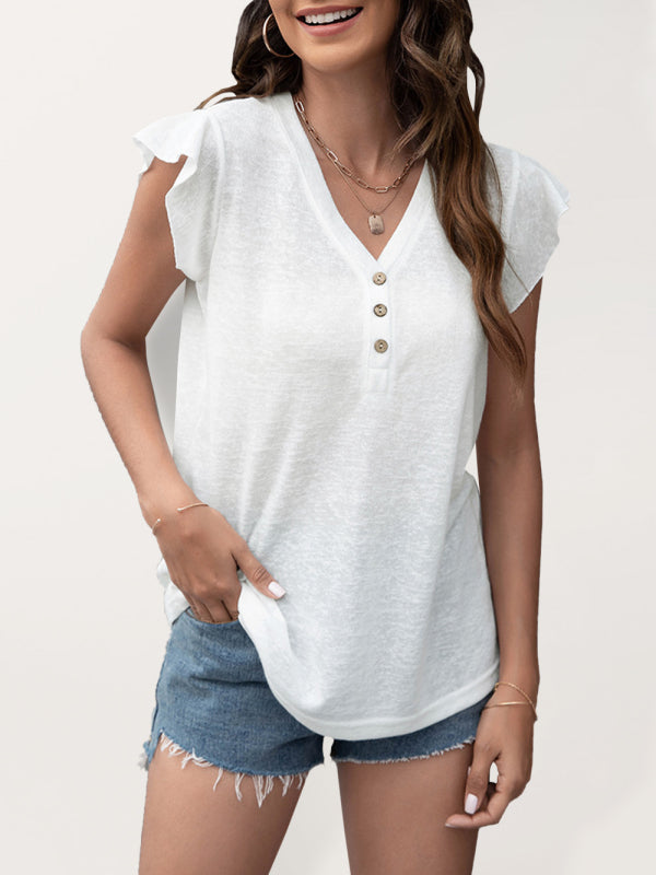 Tops- Women's Casual Button V Neck T-Shirt - Top- White- IndioGear Fashion and Gear