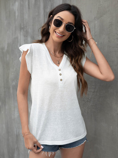 Tops- Women's Casual Button V Neck T-Shirt - Top- - IndioGear Fashion and Gear