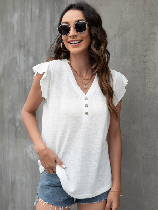 Tops- Women's Casual Button V Neck T-Shirt - Top- - IndioGear Fashion and Gear