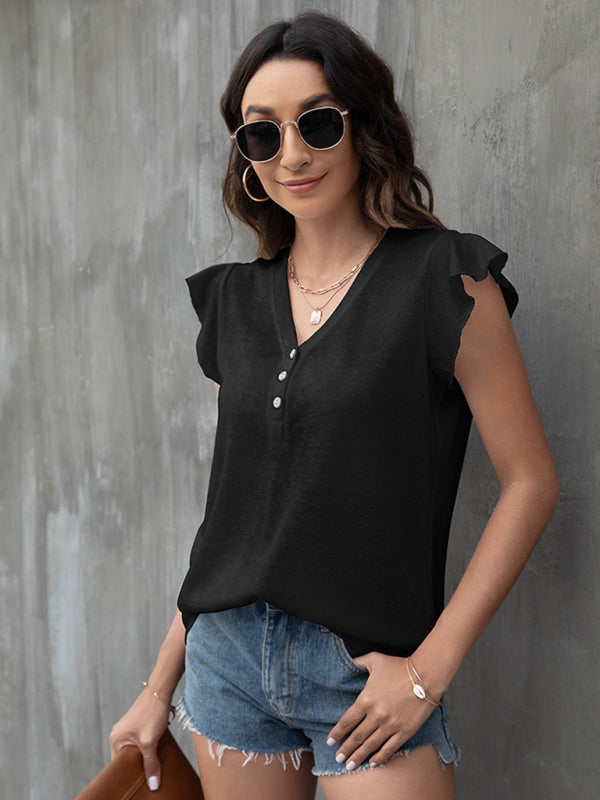 Tops- Women's Casual Button V Neck T-Shirt - Top- - IndioGear Fashion and Gear