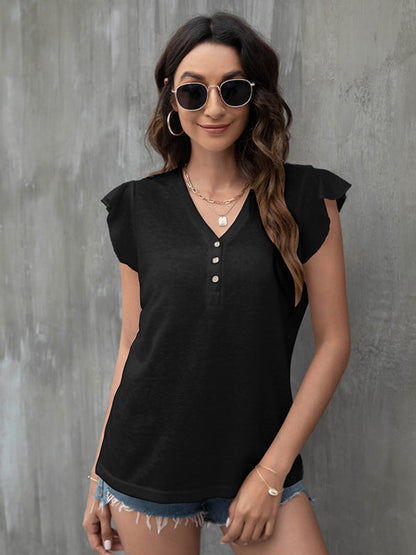 Tops- Women's Casual Button V Neck T-Shirt - Top- Black- IndioGear Fashion and Gear