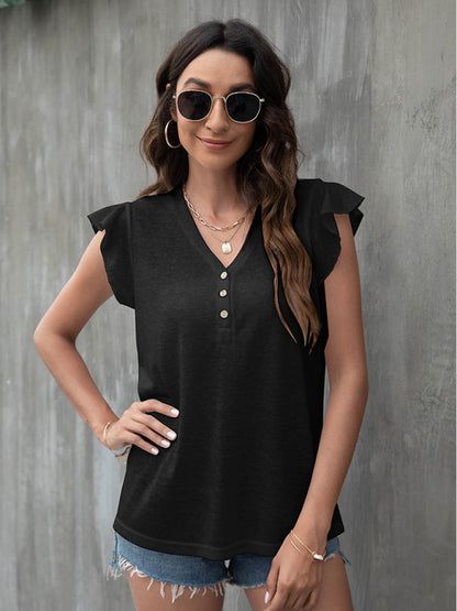 Tops- Women's Casual Button V Neck T-Shirt - Top- - IndioGear Fashion and Gear