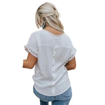 Tops- Women's Casual T-shirt Blouse with Lace Trim Details- - IndioGear Fashion and Gear