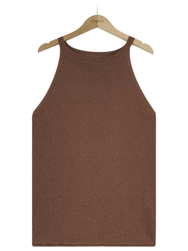 Tops- Women's Halter Neck Sleeveless Vest - Knit Top- - IndioGear Fashion and Gear