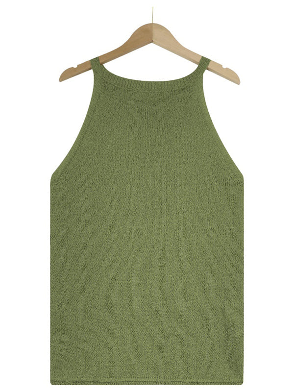 Tops- Women's Halter Neck Sleeveless Vest - Knit Top- - IndioGear Fashion and Gear