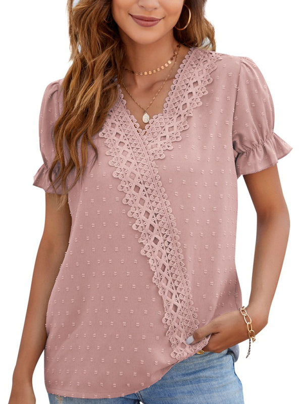 Tops- Women's Lace Trim Faux Wrap V-neck Clip Dot Puff Sleeve Blouse- Pink- IndioGear Fashion and Gear