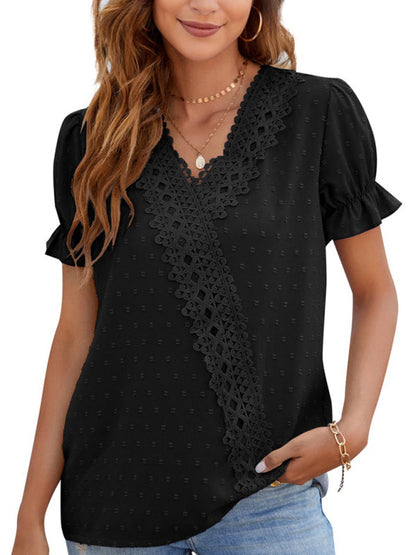 Tops- Women's Lace Trim Faux Wrap V-neck Clip Dot Puff Sleeve Blouse- Black- IndioGear Fashion and Gear