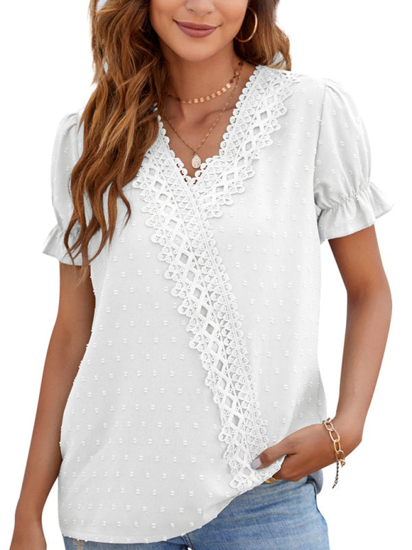 Tops- Women's Lace Trim Faux Wrap V-neck Clip Dot Puff Sleeve Blouse- - IndioGear Fashion and Gear