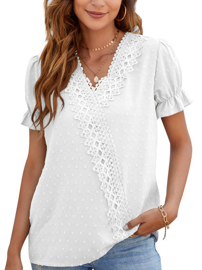 Tops- Women's Lace Trim Faux Wrap V-neck Clip Dot Puff Sleeve Blouse- - IndioGear Fashion and Gear