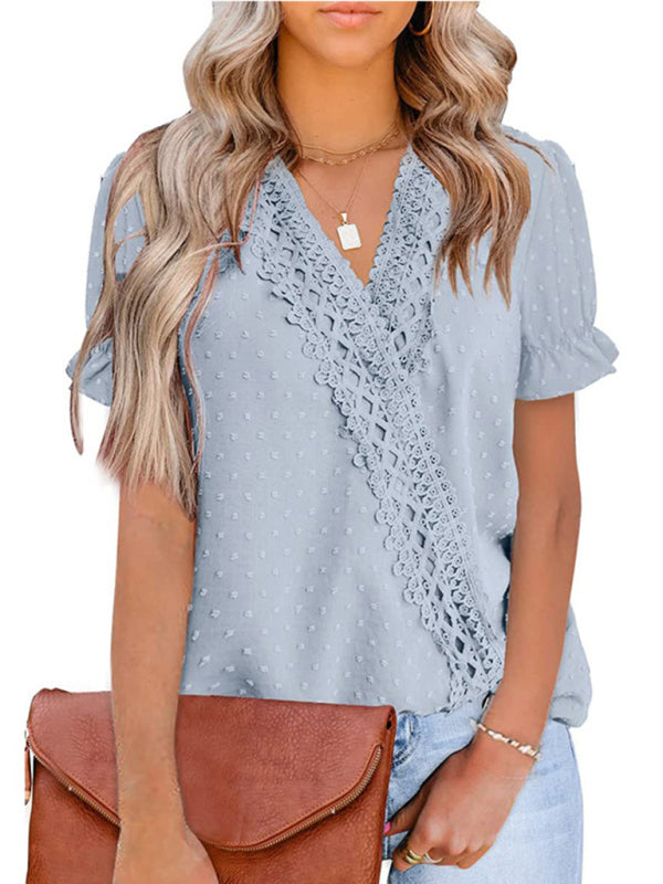 Tops- Women's Lace Trim Faux Wrap V-neck Clip Dot Puff Sleeve Blouse- - IndioGear Fashion and Gear