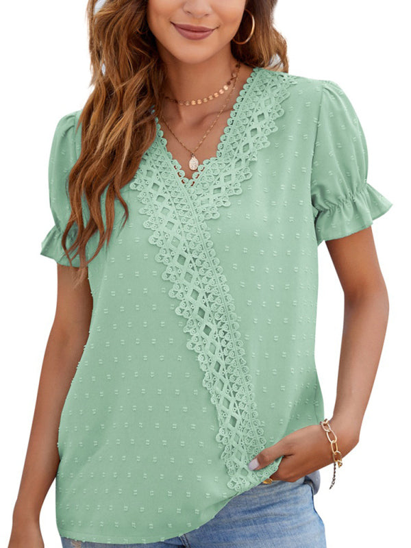 Tops- Women's Lace Trim Faux Wrap V-neck Clip Dot Puff Sleeve Blouse- - IndioGear Fashion and Gear