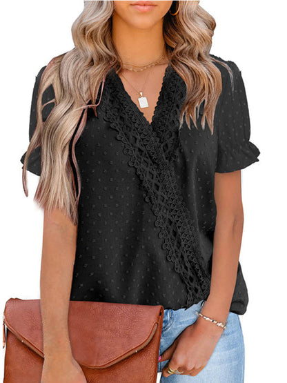 Tops- Women's Lace Trim Faux Wrap V-neck Clip Dot Puff Sleeve Blouse- - IndioGear Fashion and Gear