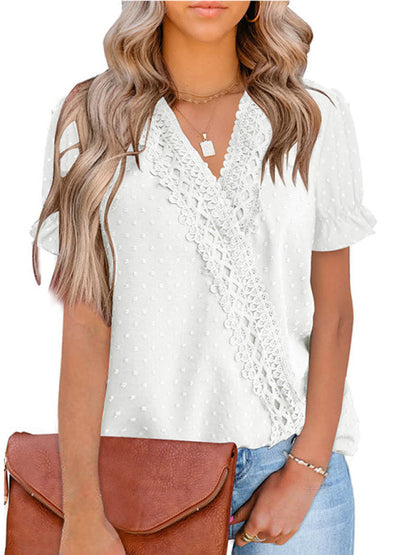 Tops- Women's Lace Trim Faux Wrap V-neck Clip Dot Puff Sleeve Blouse- White- IndioGear Fashion and Gear