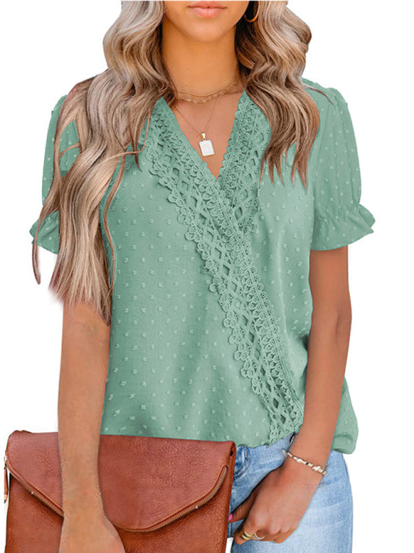 Tops- Women's Lace Trim Faux Wrap V-neck Clip Dot Puff Sleeve Blouse- Green- IndioGear Fashion and Gear