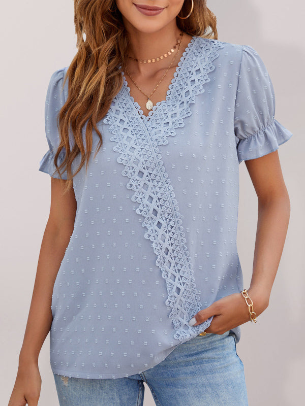 Tops- Women's Lace Trim Faux Wrap V-neck Clip Dot Puff Sleeve Blouse- Blue- IndioGear Fashion and Gear