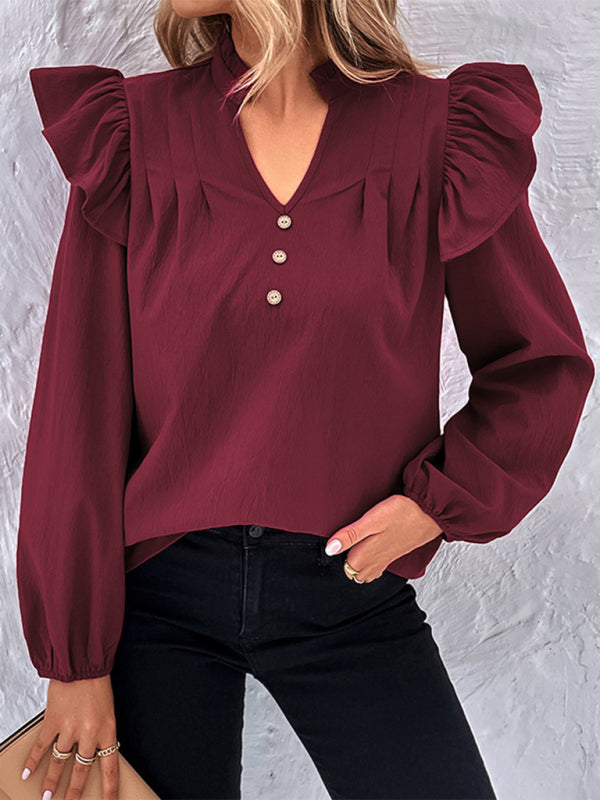 Tops- Women's Ruffle Long Sleeves Blouse with Buttons Decor & Ruffle Accents- Wine Red- IndioGear Fashion and Gear