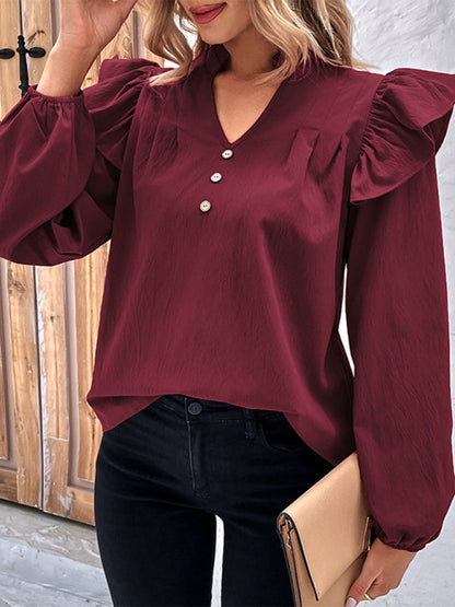 Tops- Women's Ruffle Long Sleeves Blouse with Buttons Decor & Ruffle Accents- - IndioGear Fashion and Gear