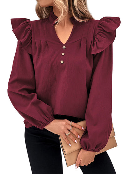 Tops- Women's Ruffle Long Sleeves Blouse with Buttons Decor & Ruffle Accents- - IndioGear Fashion and Gear