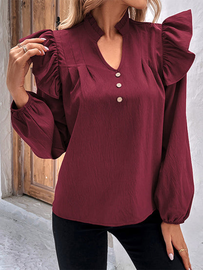 Tops- Women's Ruffle Long Sleeves Blouse with Buttons Decor & Ruffle Accents- - IndioGear Fashion and Gear