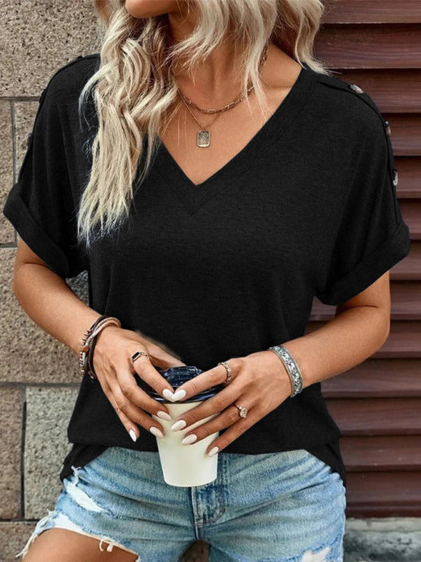 Tops- Women's V Neck Short Sleeves T-Shirt - Perfect for Any Occasion!- Black- IndioGear Fashion and Gear