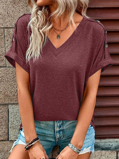 Tops- Women's V Neck Short Sleeves T-Shirt - Perfect for Any Occasion!- Wine Red- IndioGear Fashion and Gear