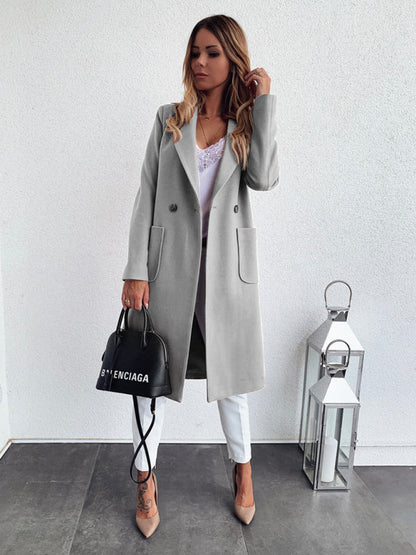 Solid Woolen Double Breasted Pea Coat - Trench Coat | Trench Coats | Pekosa Women Clothing