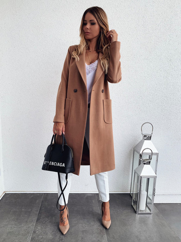 Solid Woolen Double Breasted Pea Coat - Trench Coat | Trench Coats | Pekosa Women Clothing