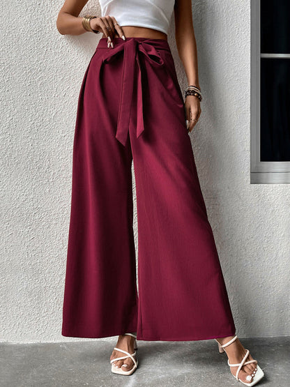 Trousers- Boho Women's Trousers with Waist Ribbon Knot Belt - Pants- Wine Red- IndioGear Fashion and Gear