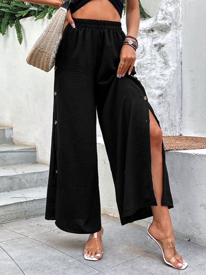 Trousers- Button Down Side Trousers: Elastic High-Rise Wide-Leg Pants- - IndioGear Fashion and Gear