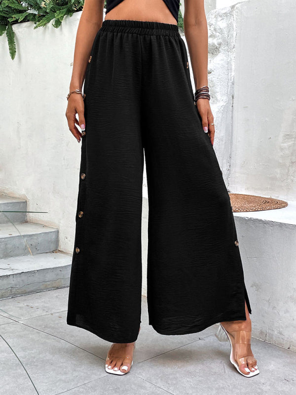 Trousers- Button Down Side Trousers: Elastic High-Rise Wide-Leg Pants- - IndioGear Fashion and Gear