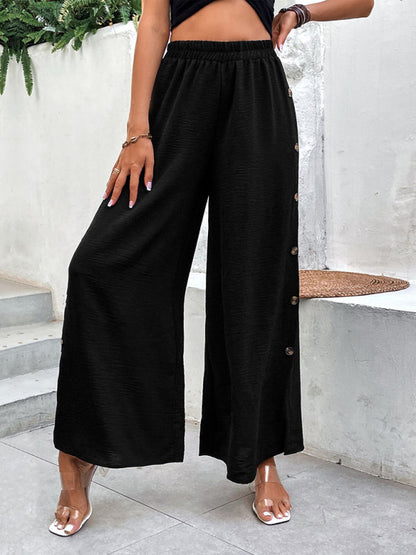 Trousers- Button Down Side Trousers: Elastic High-Rise Wide-Leg Pants- - IndioGear Fashion and Gear