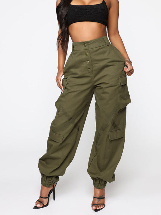 Trousers- Cargo Pants: Hip Hop, Wide Leg, Elastic Back Waistband- Olive green- IndioGear Fashion and Gear