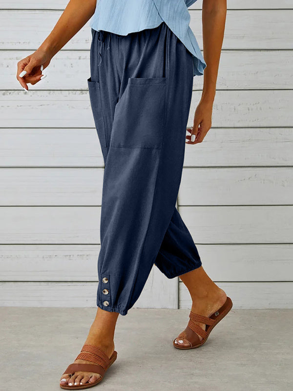 Trousers-Cotton Linen Adjustable Waist Pants-Pekosa Women Clothing