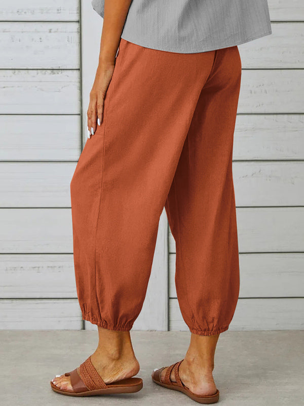 Trousers-Cotton Linen Adjustable Waist Pants-Pekosa Women Clothing