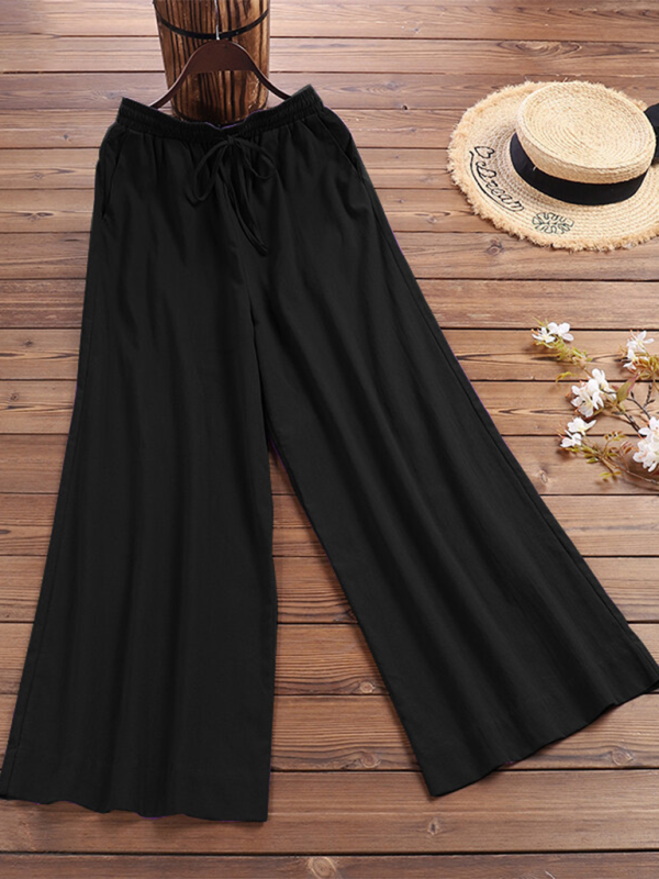 Trousers- Elastic Waistband Wide Leg Pants - Mid Rise Trousers- - IndioGear Fashion and Gear