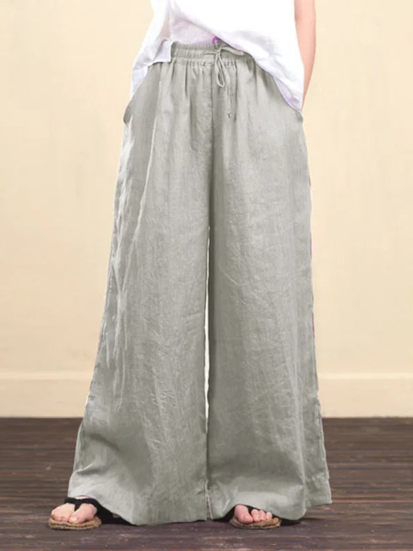 Trousers- Elastic Waistband Wide Leg Pants - Mid Rise Trousers- - IndioGear Fashion and Gear